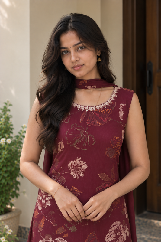 Mahira Maroon Floral Kurti Palazzo Set