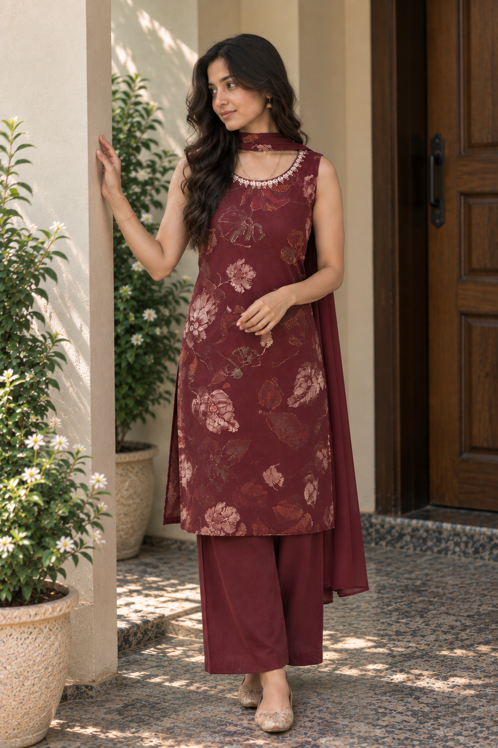 Mahira Maroon Floral Kurti Palazzo Set
