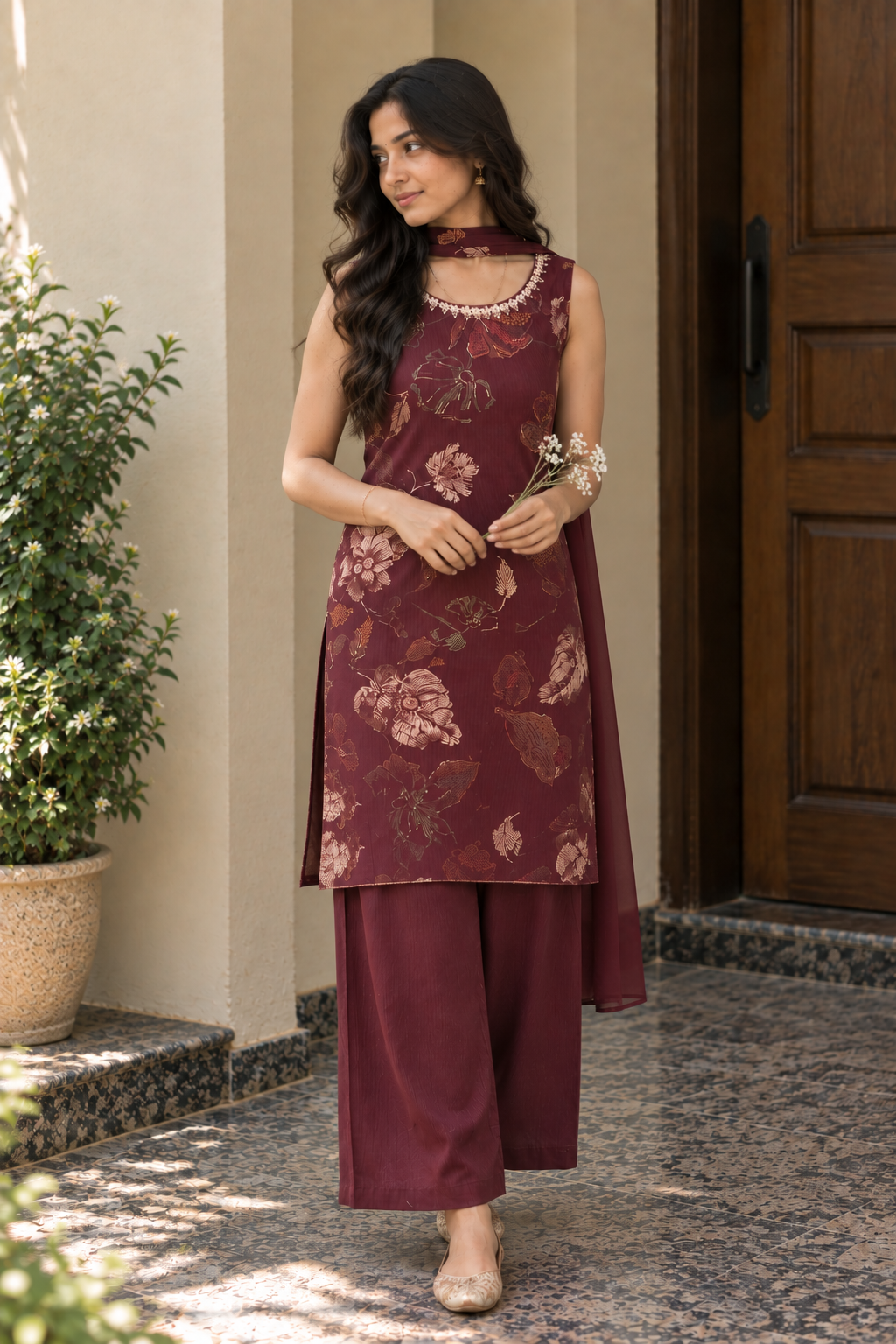 Mahira Maroon Floral Kurti Palazzo Set