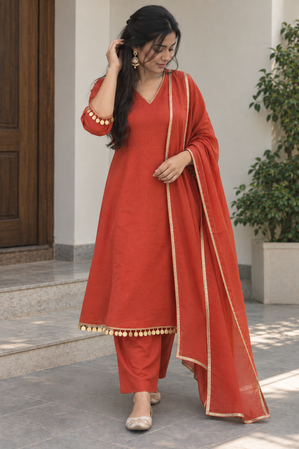 Rust Orange Gold-Trim Kurti Set