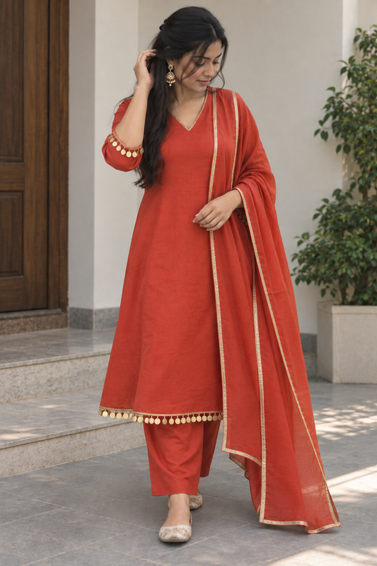 Rust Orange Gold-Trim Kurti Set
