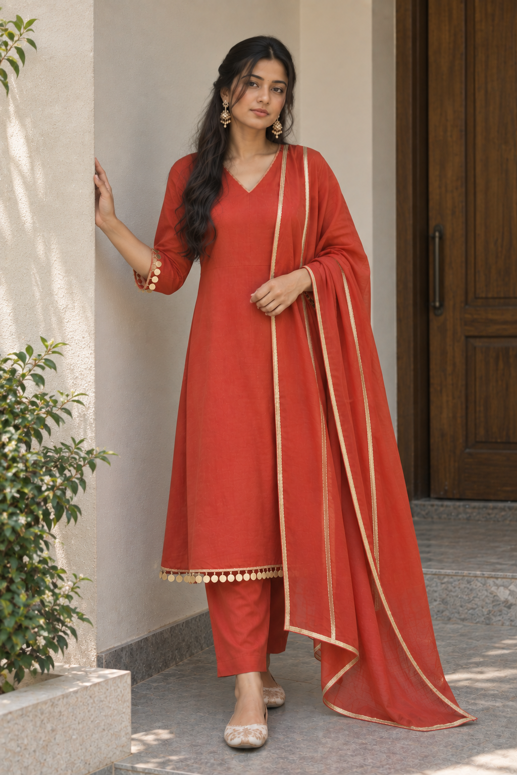 Rust Orange Gold-Trim Kurti Set