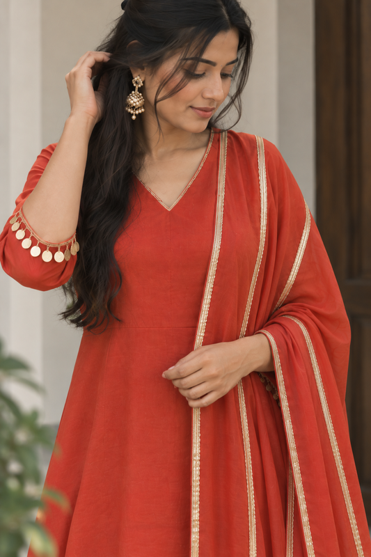 Rust Orange Gold-Trim Kurti Set