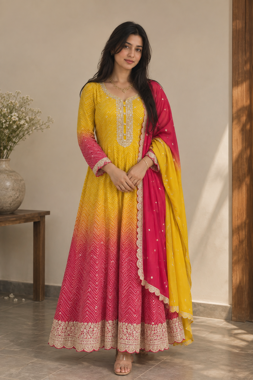 Mustard Pink Anarkali Set