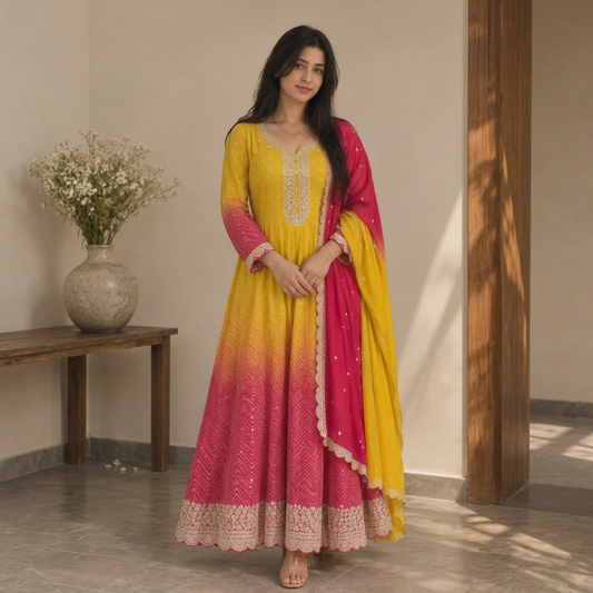 Mustard Pink Anarkali Set