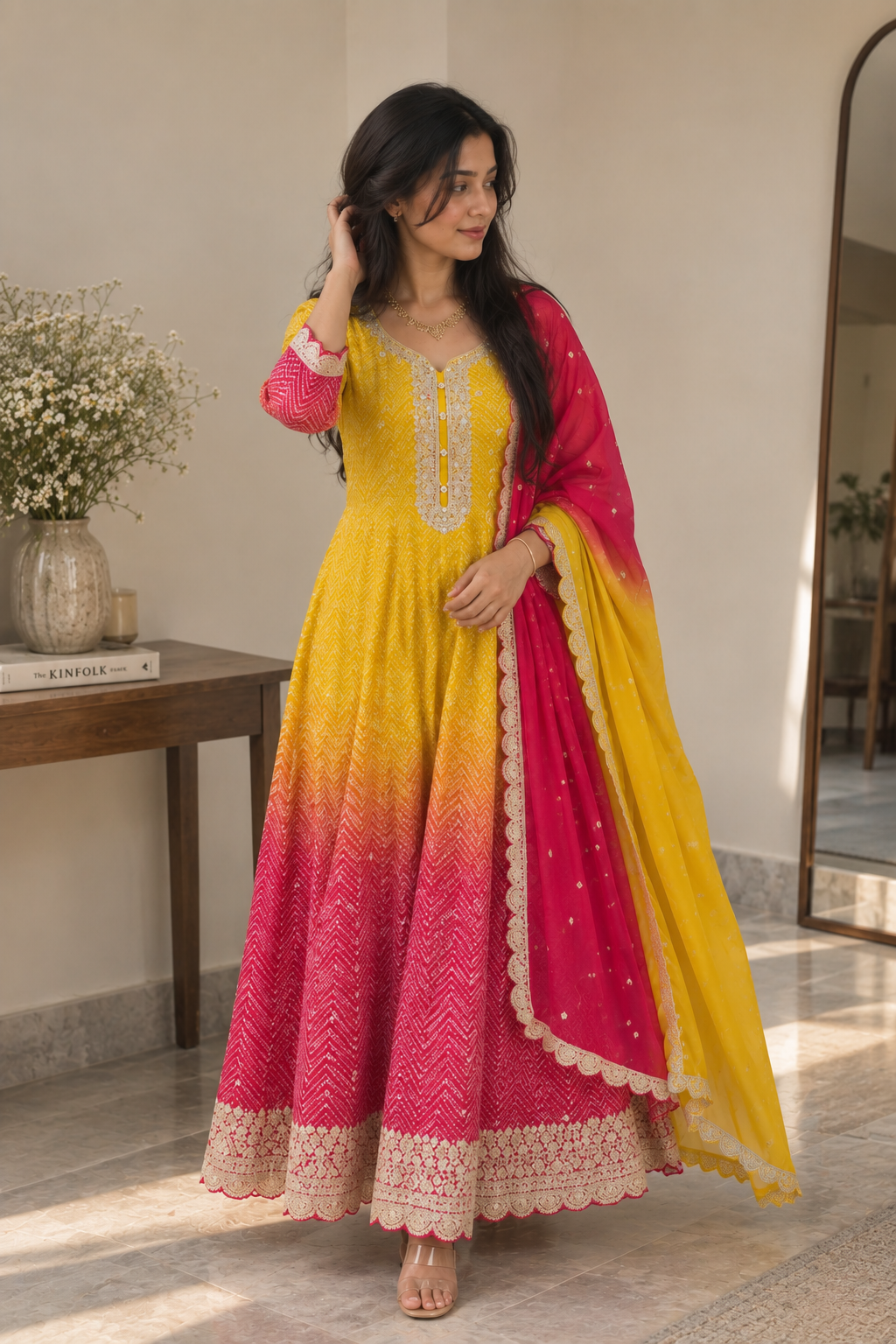 Mustard Pink Anarkali Set