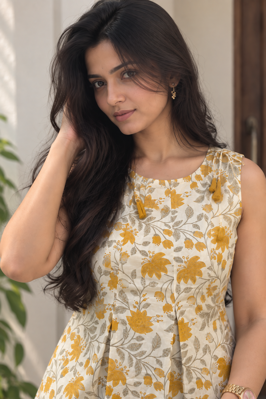 Ivory Yellow Floral Tie-Shoulder Tunic