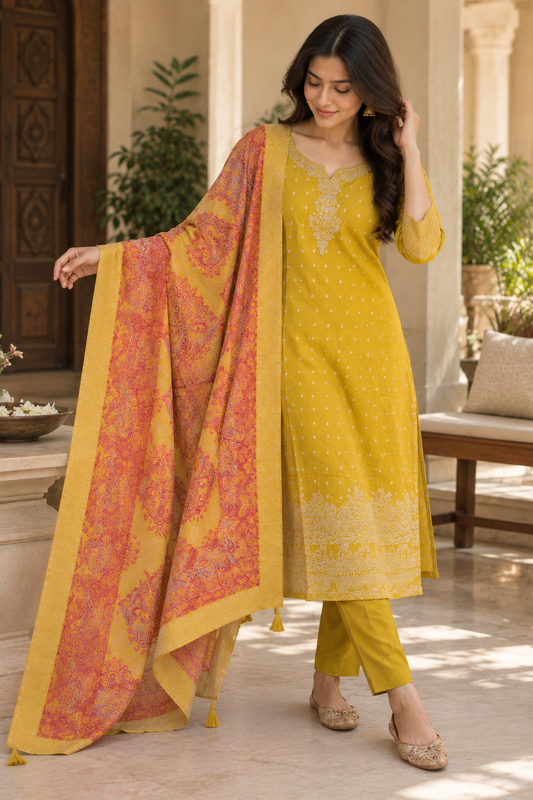 Light Olive Green Kurti Set with Printed Dupatta