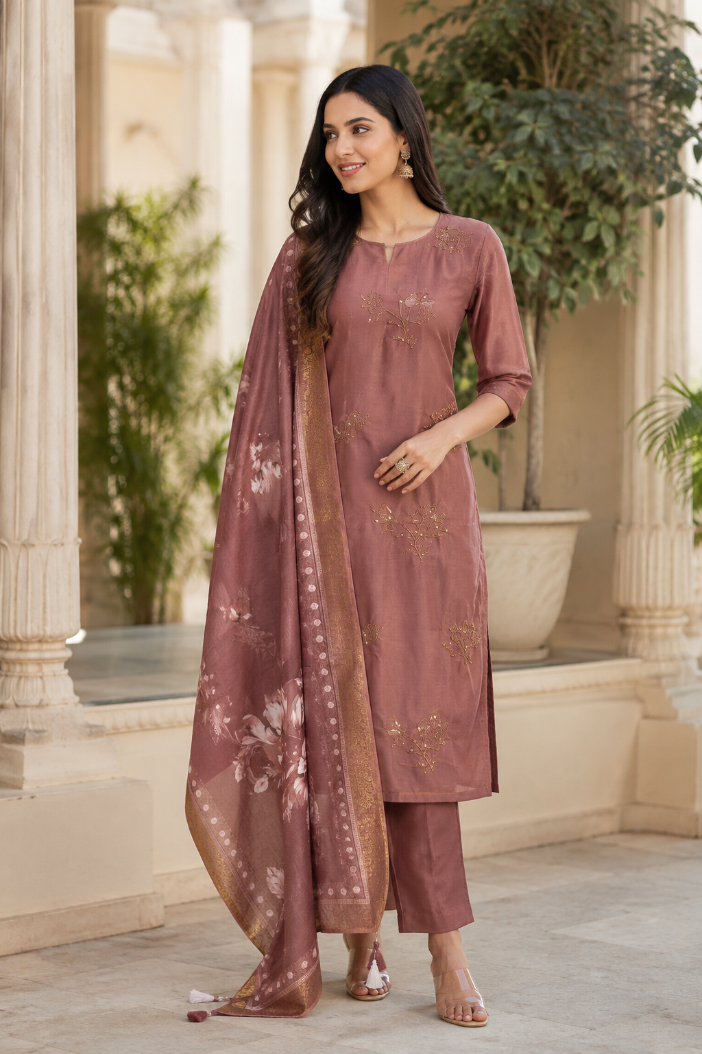 Mauve Floral Embroidered 3-Piece Suit Set