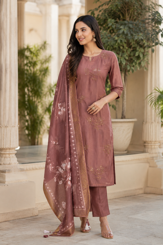 Mauve Floral Embroidered 3-Piece Suit Set