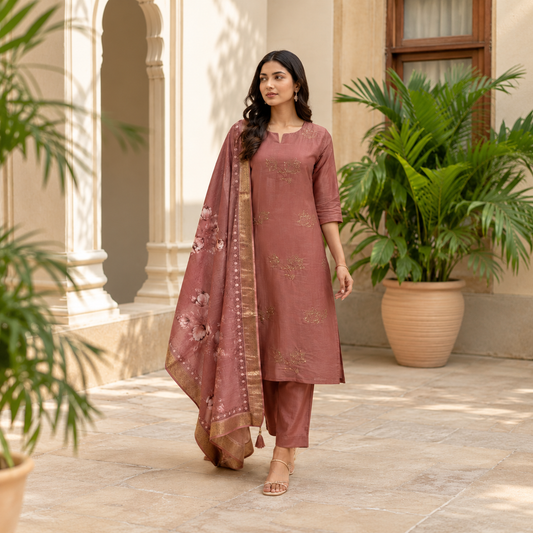 Mauve Floral Embroidered 3-Piece Suit Set
