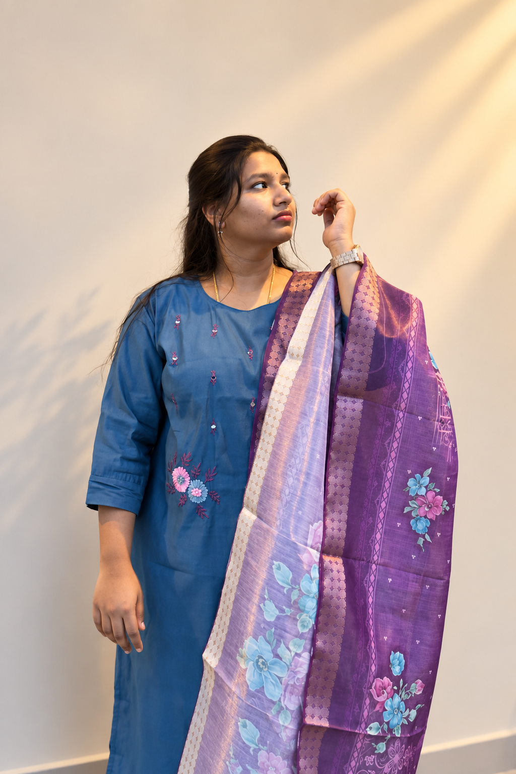 Blue & Pink Floral Kurti Set — product photo 3
