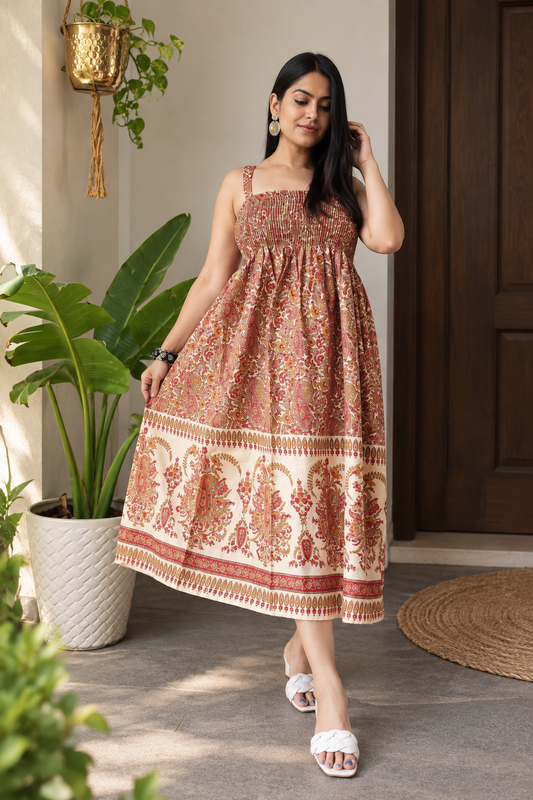 Rust Paisley Smocked Dress – Free Size