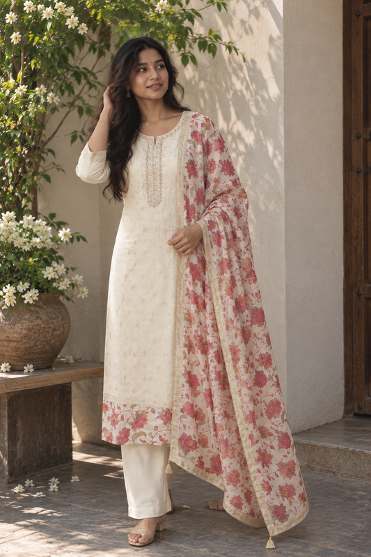 Cream Floral Dupatta Kurti Set — product photo 1