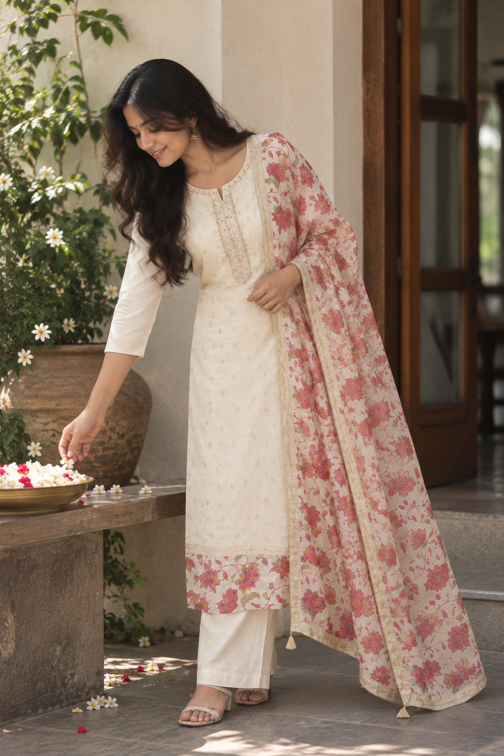 Cream Floral Dupatta Kurti Set — product photo 2