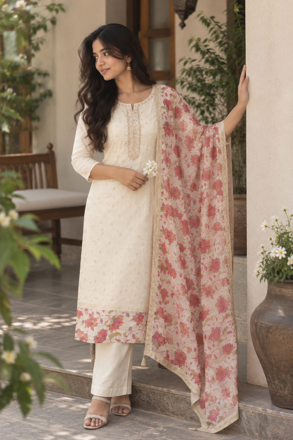 Cream Floral Dupatta Kurti Set — product photo 3