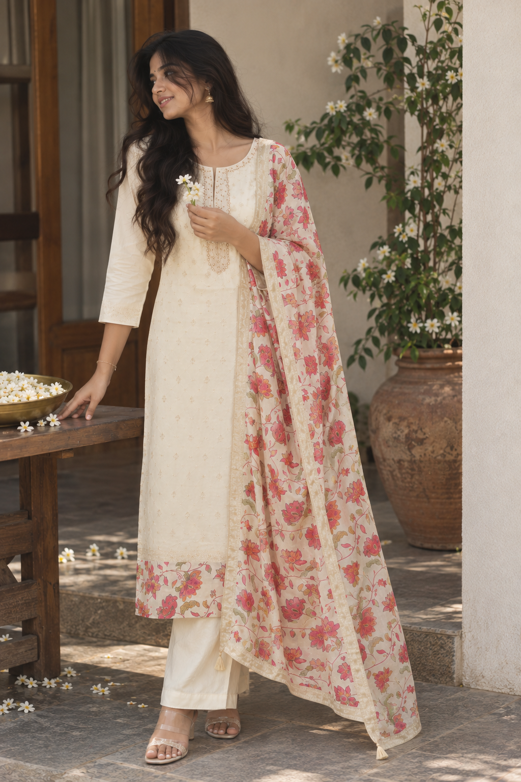 Cream Floral Dupatta Kurti Set — product photo 4