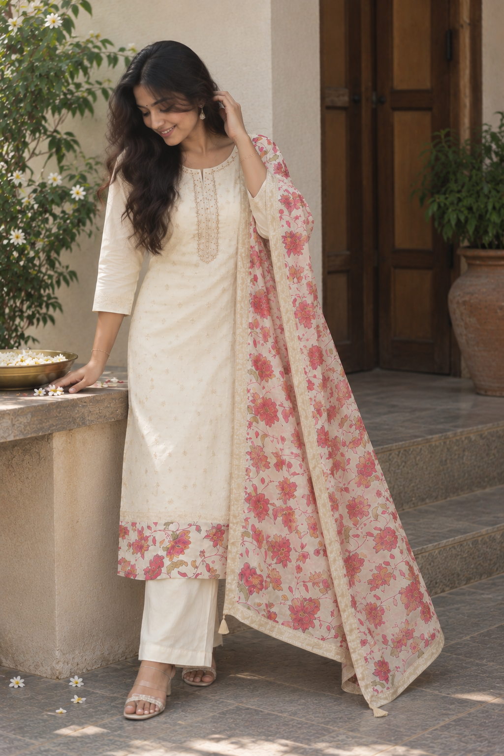 Cream Floral Dupatta Kurti Set — product photo 5