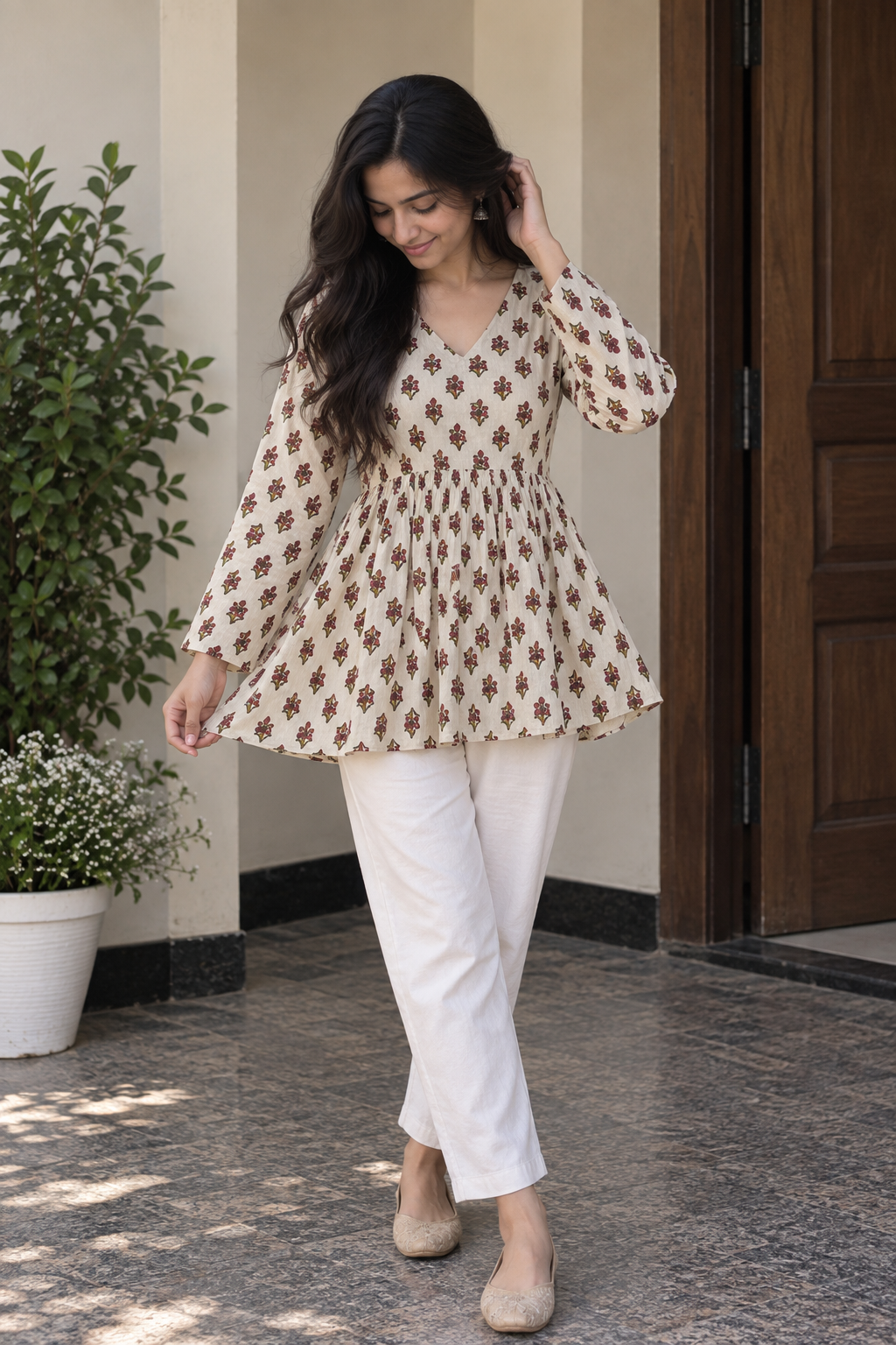 Cream Floral Peplum Short Kurti — product photo 1