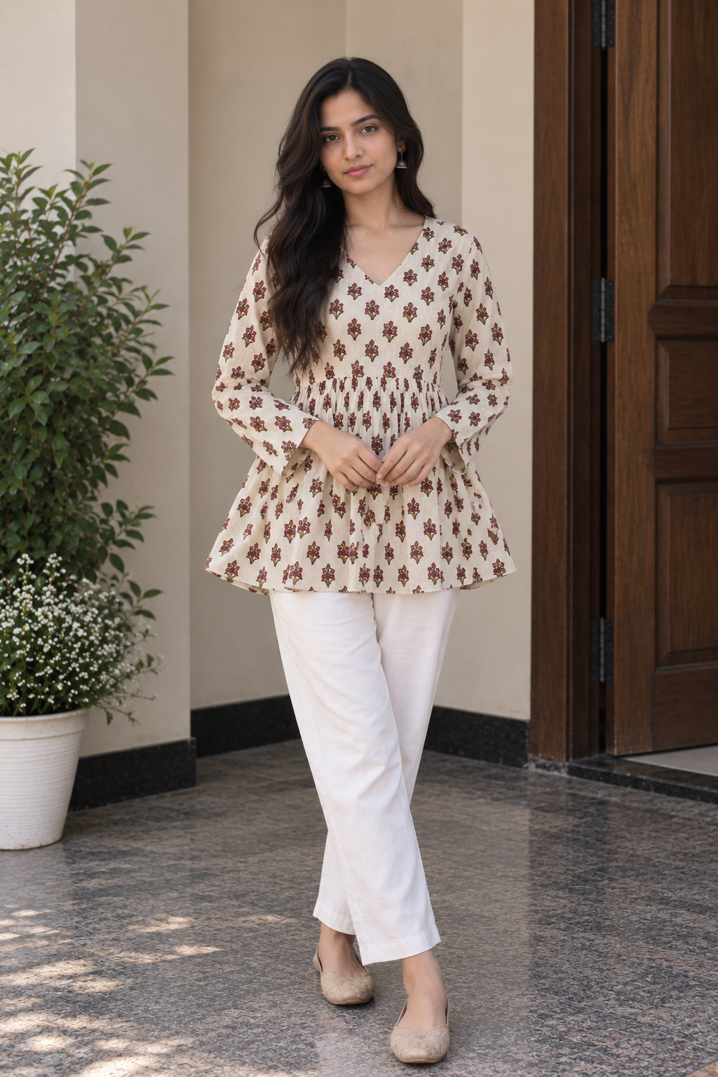 Cream Floral Peplum Short Kurti — product photo 2