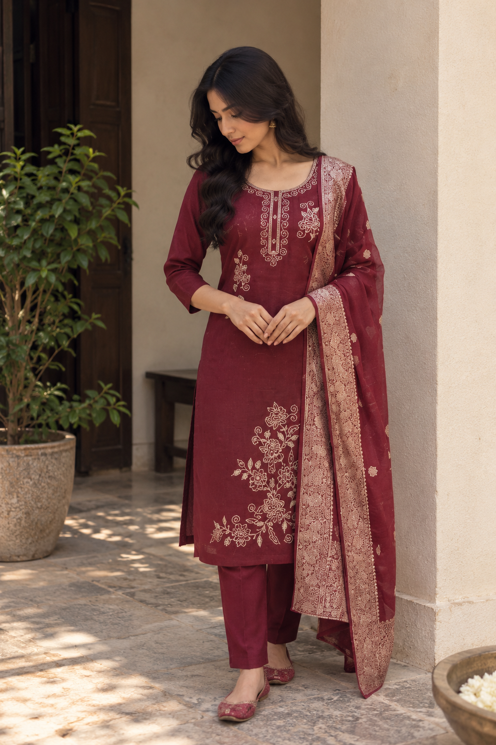 Deep Red Gold-Detail Kurti Set — product photo 1