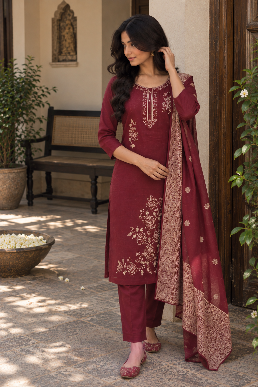 Deep Red Gold-Detail Kurti Set — product photo 3