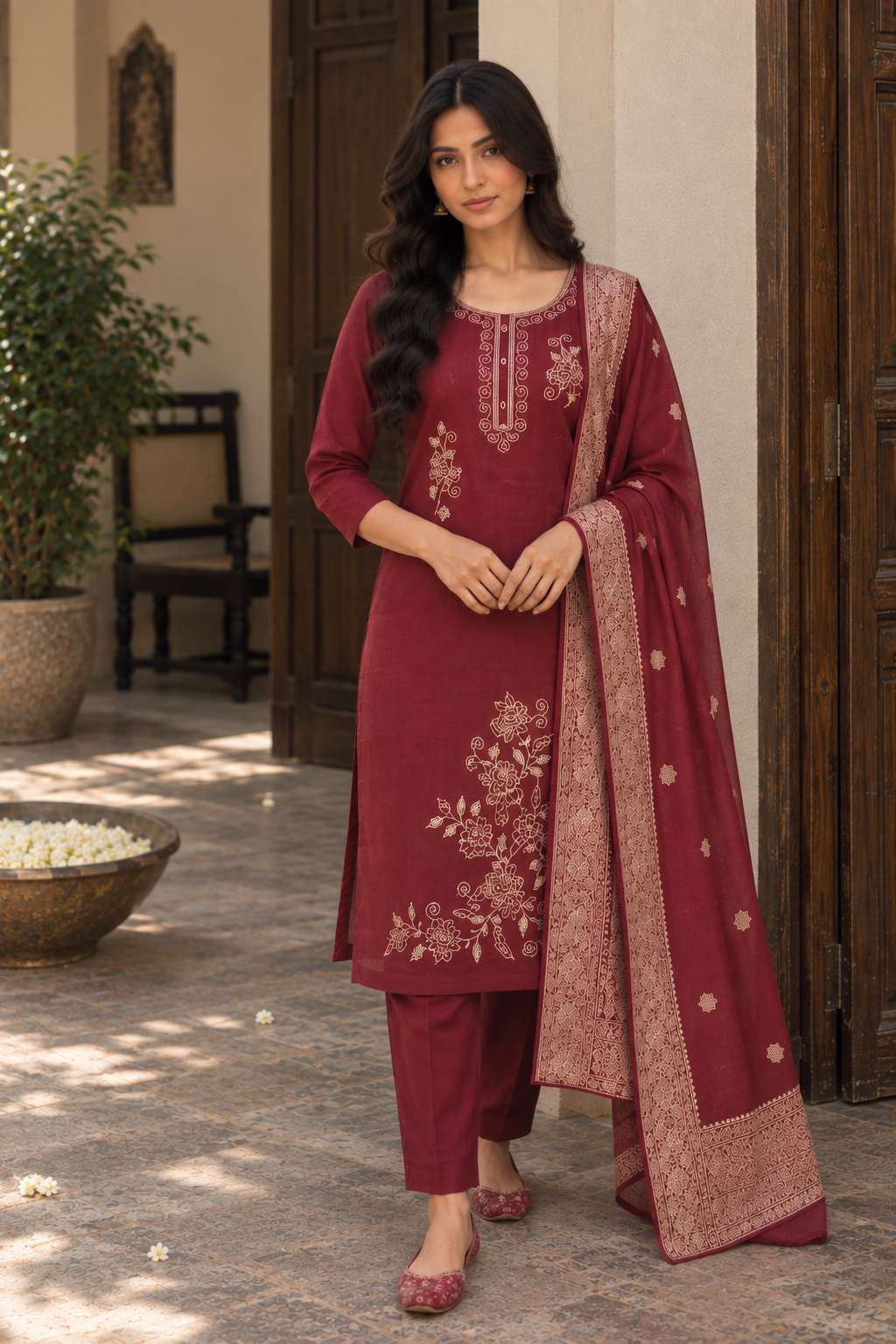 Deep Red Gold-Detail Kurti Set — product photo 4
