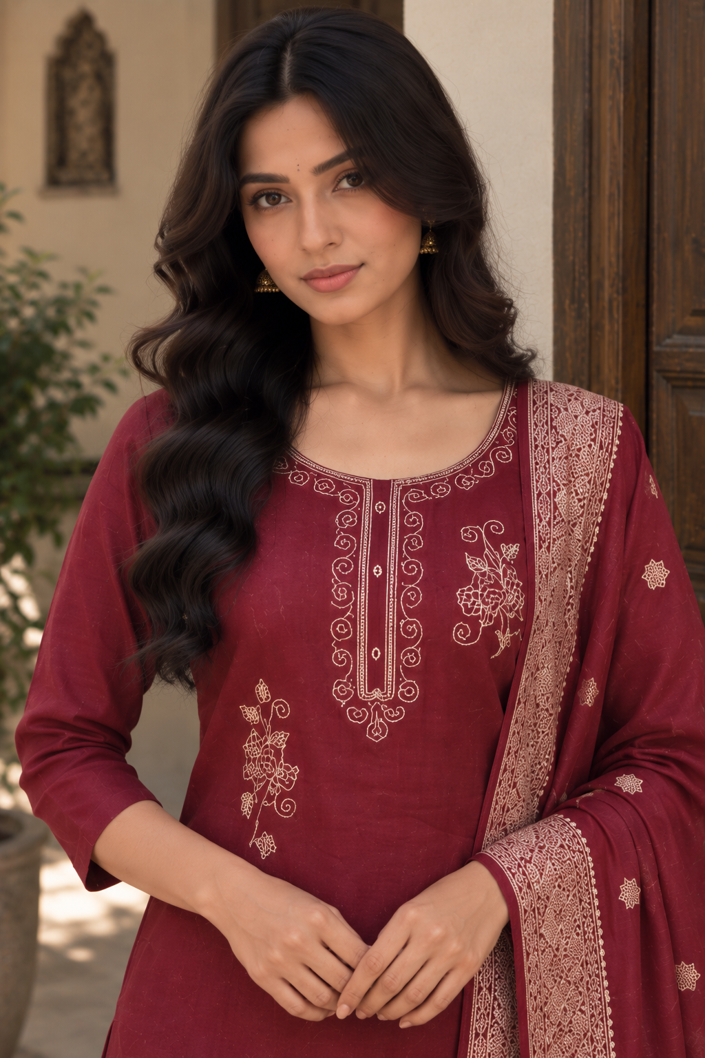 Deep Red Gold-Detail Kurti Set — product photo 5