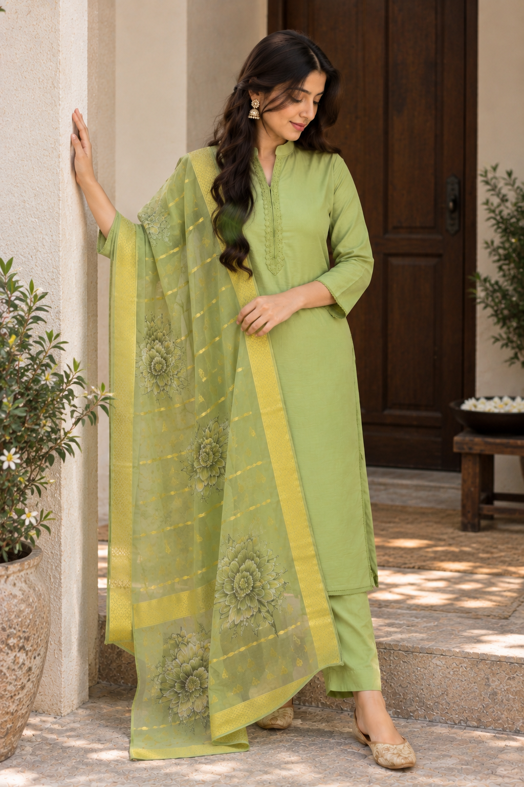 Sage Green Cotton Silk 3-Piece Suit Set with Organza Dupatta