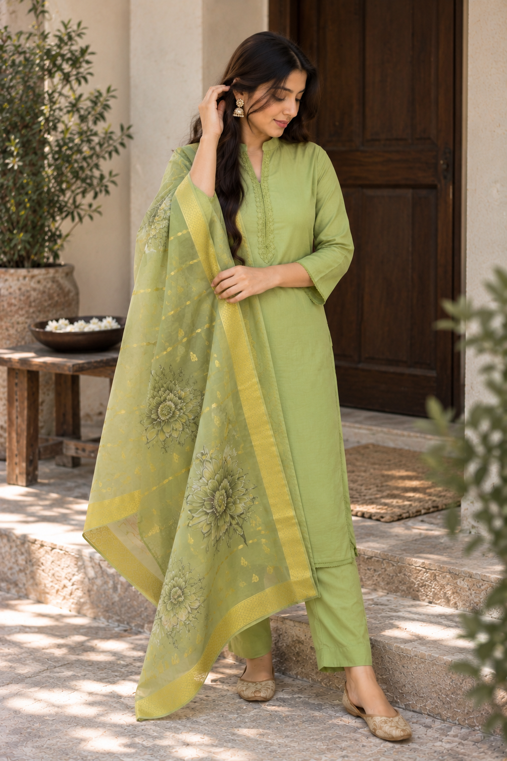 Sage Green Cotton Silk 3-Piece Suit Set with Organza Dupatta