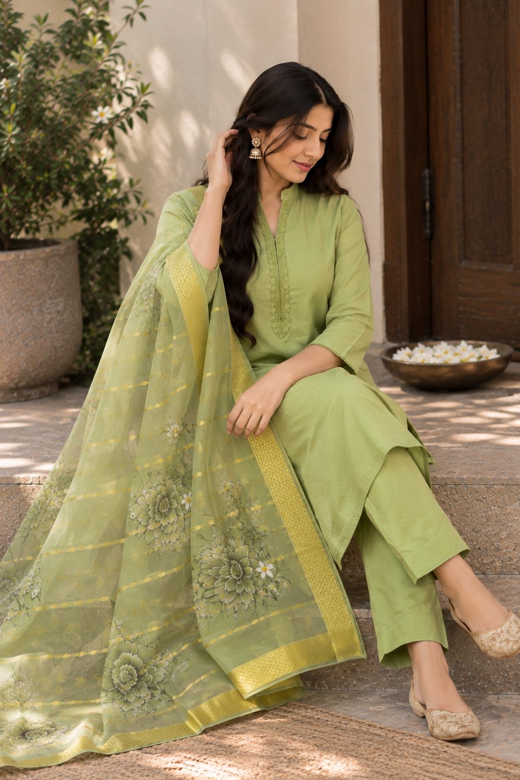 Sage Green Cotton Silk 3-Piece Suit Set with Organza Dupatta