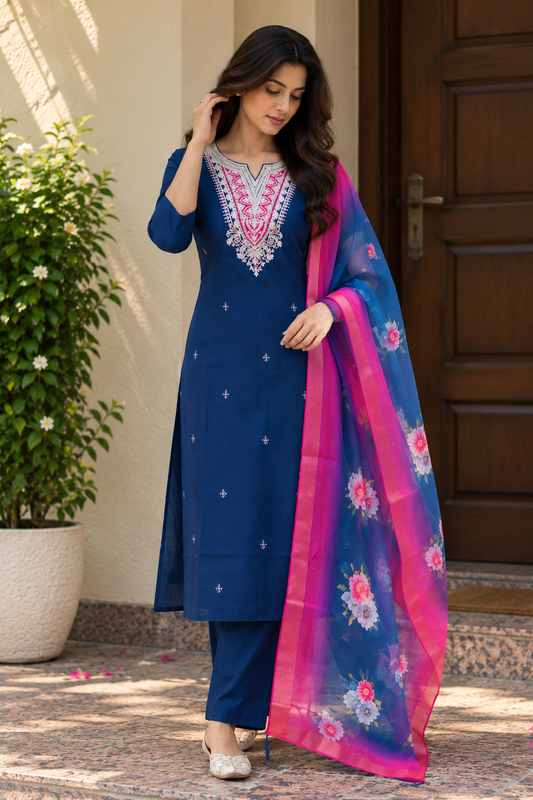 Indigo Blue Floral Dupatta Kurti Set — product photo 1