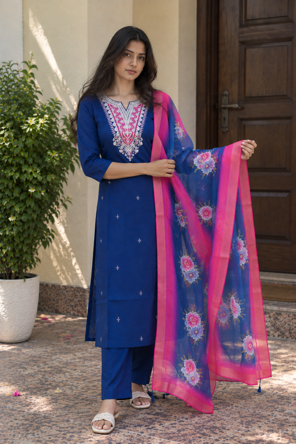 Indigo Blue Floral Dupatta Kurti Set — product photo 4