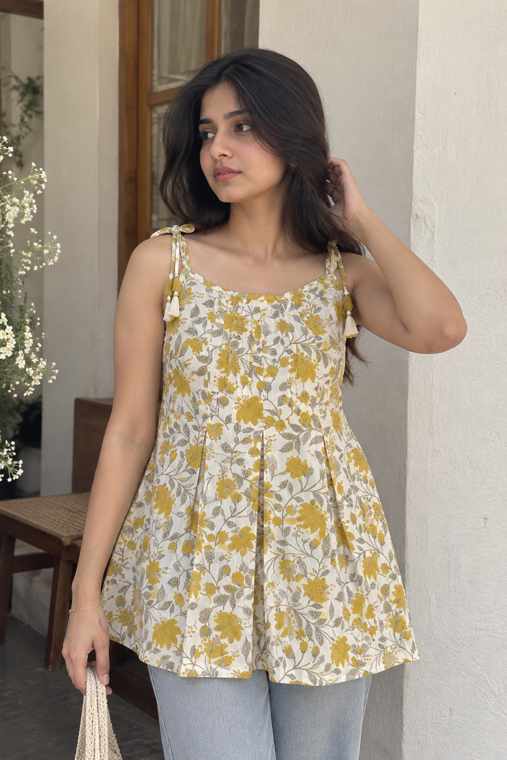Ivory Yellow Floral Tie-Shoulder Tunic — product photo 1
