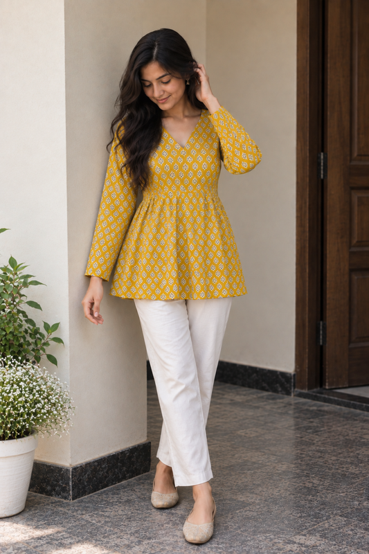 Mustard Floral Short Kurti — product photo 1