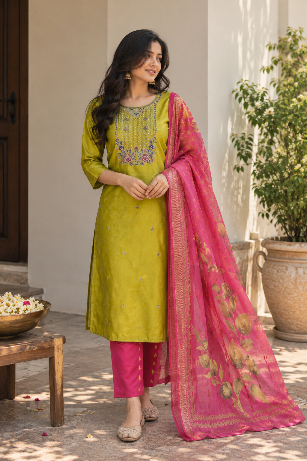 Mustard Yellow Pink Dupatta Kurti Set — product photo 1