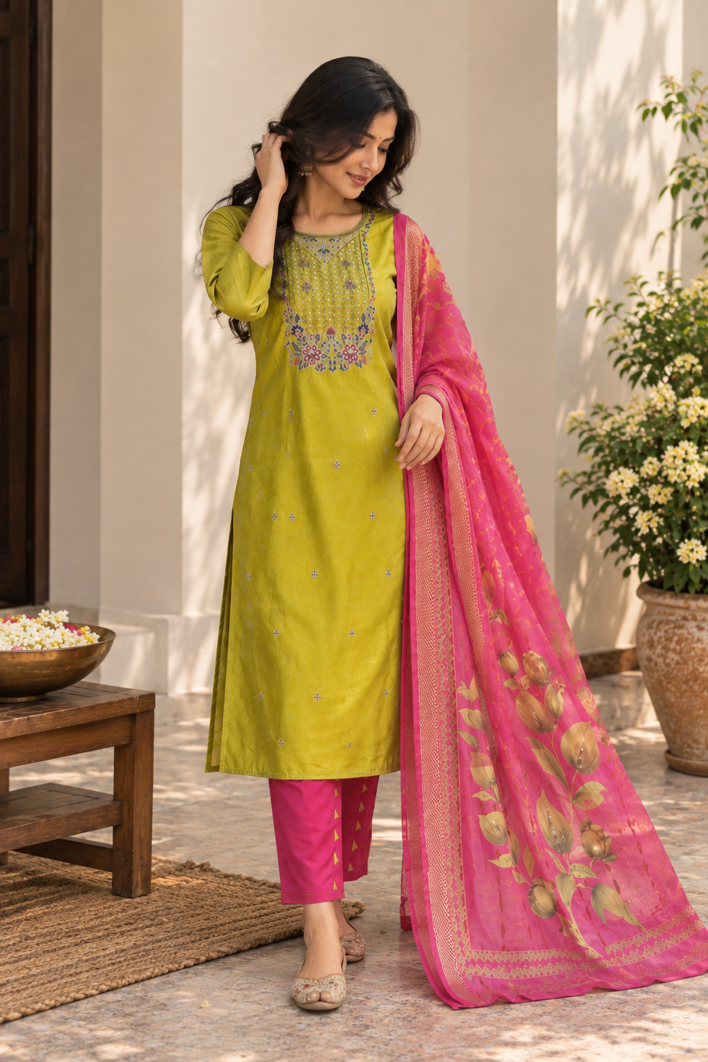 Mustard Yellow Pink Dupatta Kurti Set — product photo 2