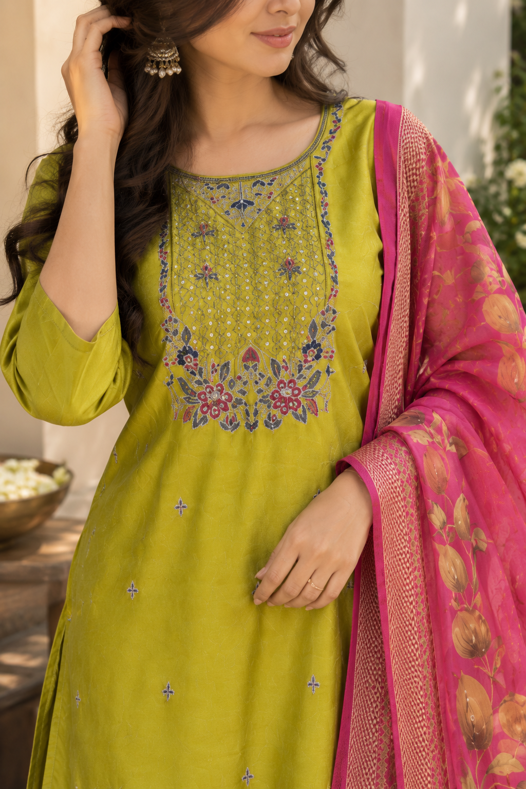 Mustard Yellow Pink Dupatta Kurti Set — product photo 3