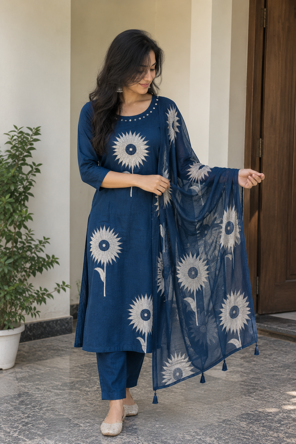 Navy Sunflower 3-Piece Kurti Set — product photo 1