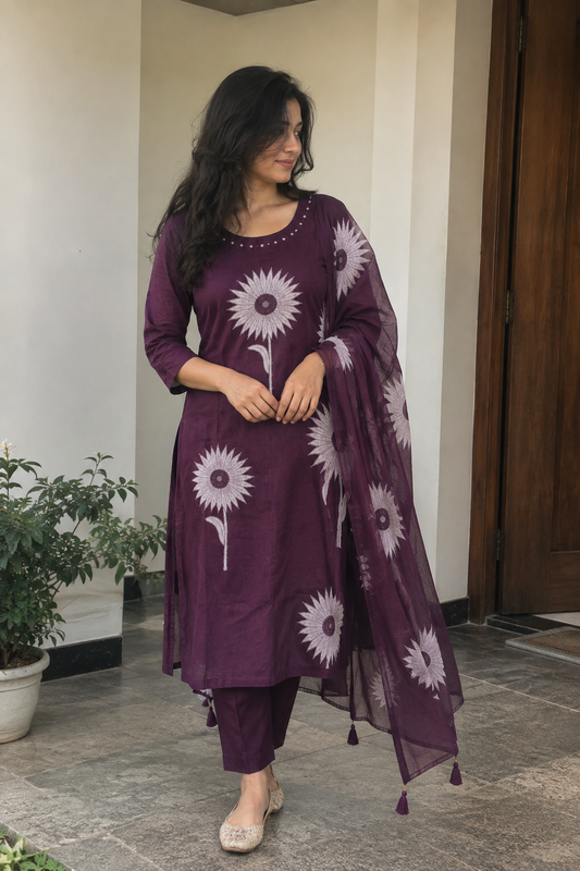 Plum Sunflower 3-Piece Kurti Set — product photo 1