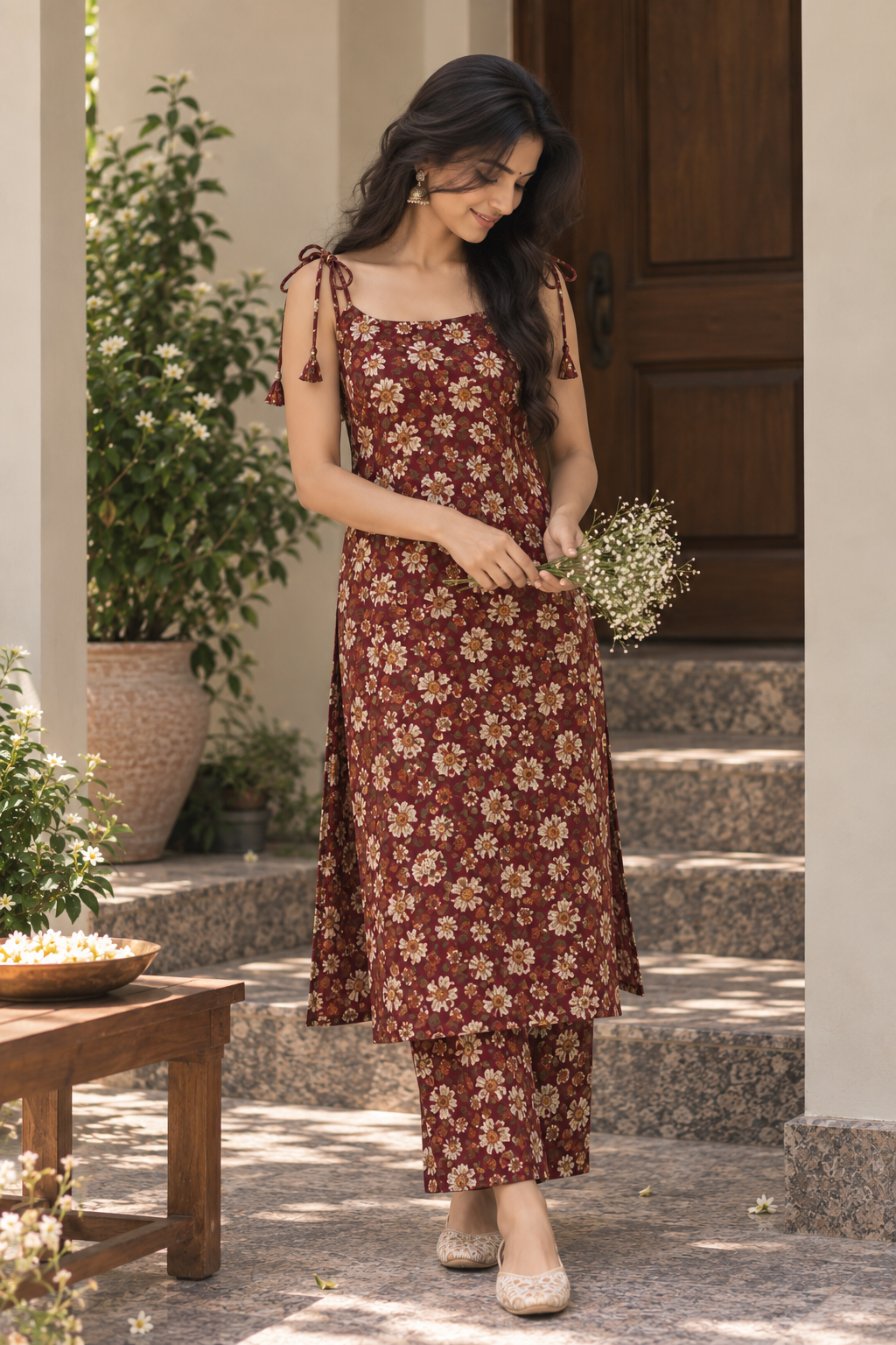 Red Bloom Tie-Up Kurti Set — product photo 1