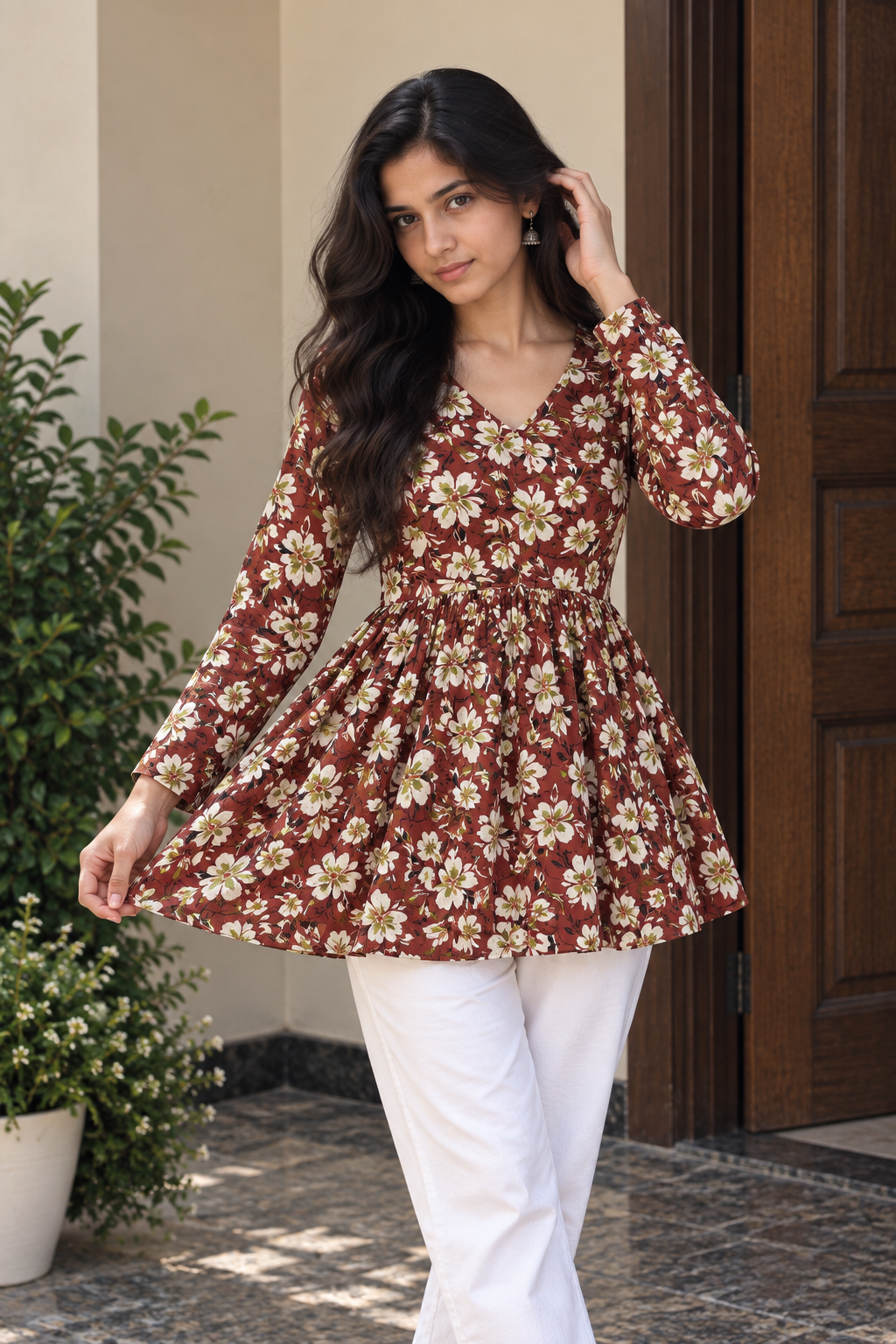 Red Floral Peplum Short Kurti — product photo 1