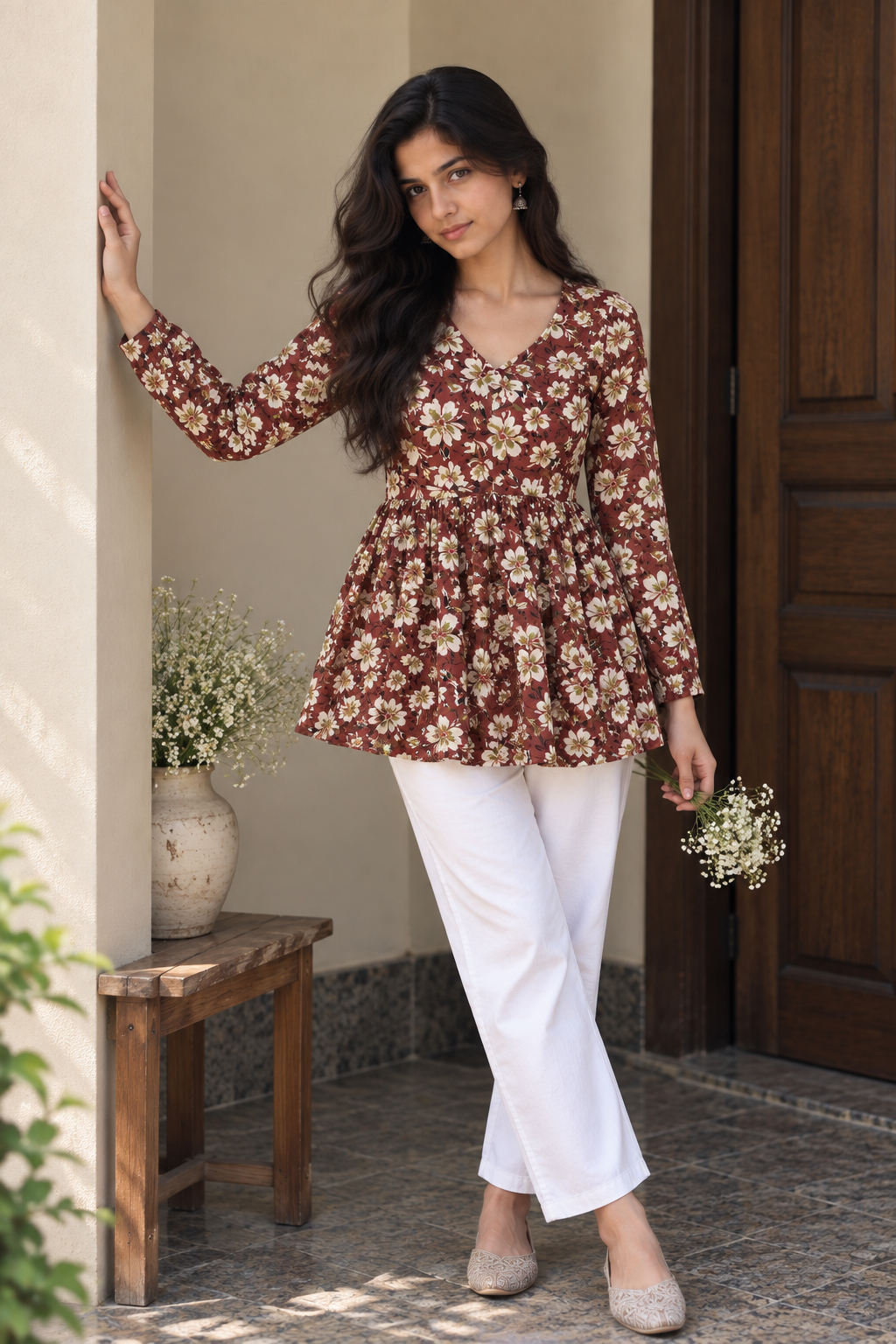 Red Floral Peplum Short Kurti — product photo 2