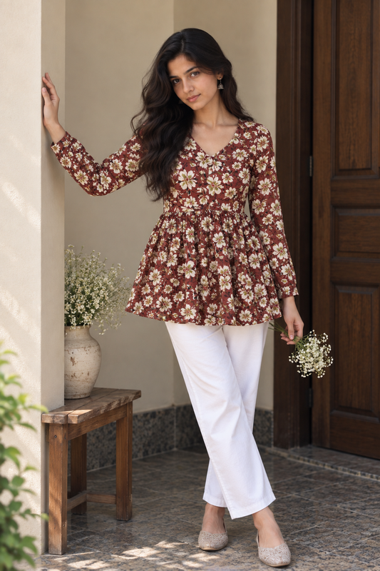 Red Floral Peplum Short Kurti — product photo 2