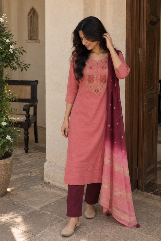 Rosewood Gold-Detail Kurti Set — product photo 1