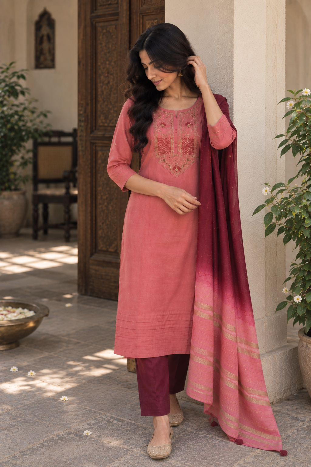 Rosewood Gold-Detail Kurti Set — product photo 3