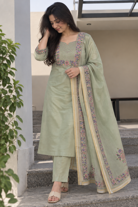 Sage Green Floral Dupatta Kurti Set — product photo 1