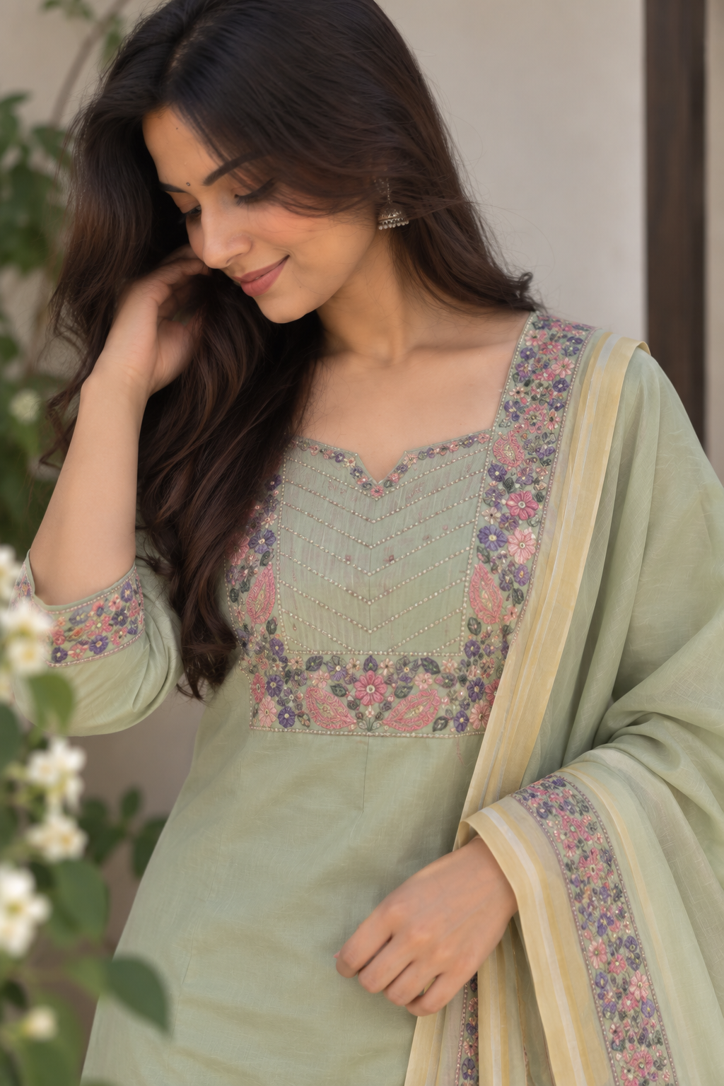 Sage Green Floral Dupatta Kurti Set — product photo 4