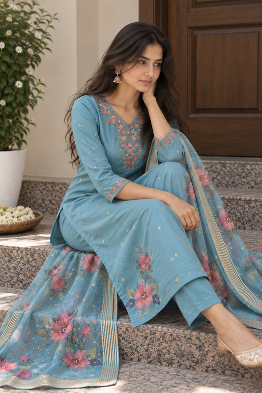 Sky Blue Floral Embroidered 3-Piece Set — product photo 1