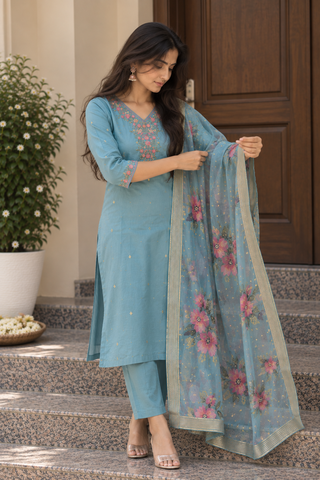 Sky Blue Floral Embroidered 3-Piece Set — product photo 2